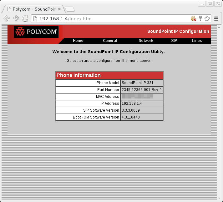 The Polycom 331 web interface.