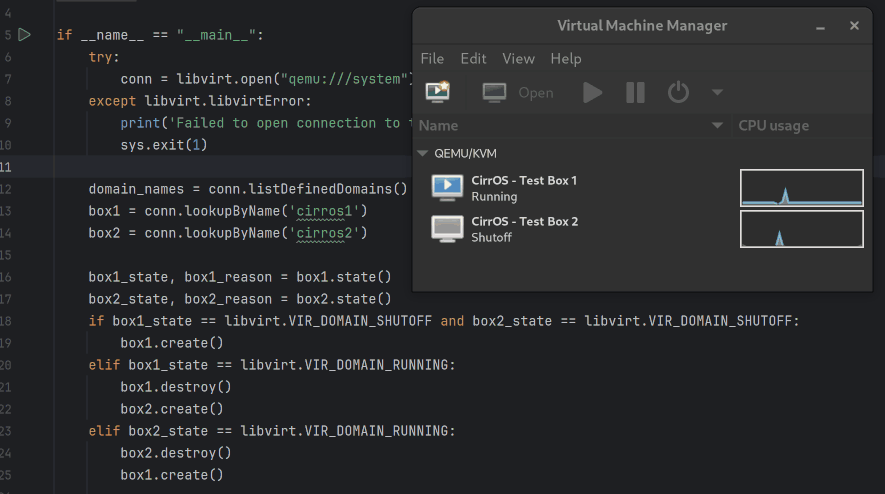 Toggling which VM is active, using the Python libvirt API in PyCharm.