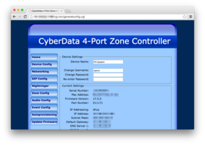 Main configuration- CyberData 4 port Zone Controller